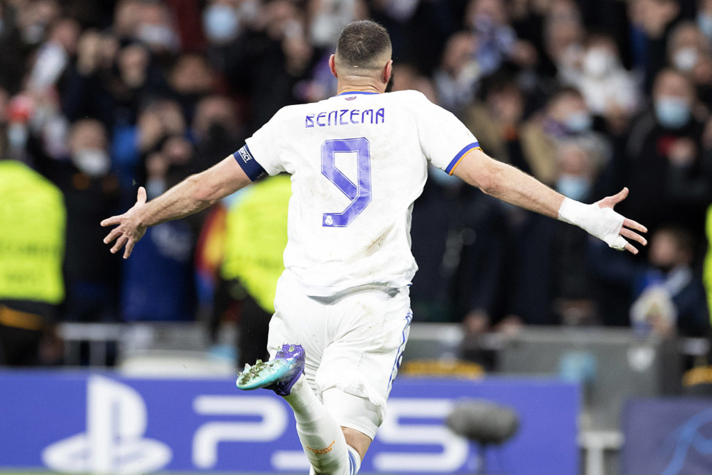 Benzema viert een goal tegen PSG (9 maart 2022)